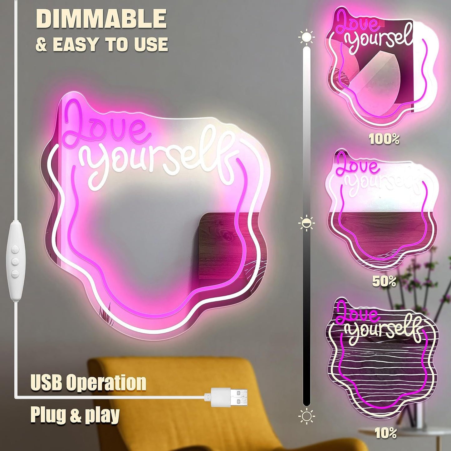 Wavy Neon Mirror with LED Dimmable Light