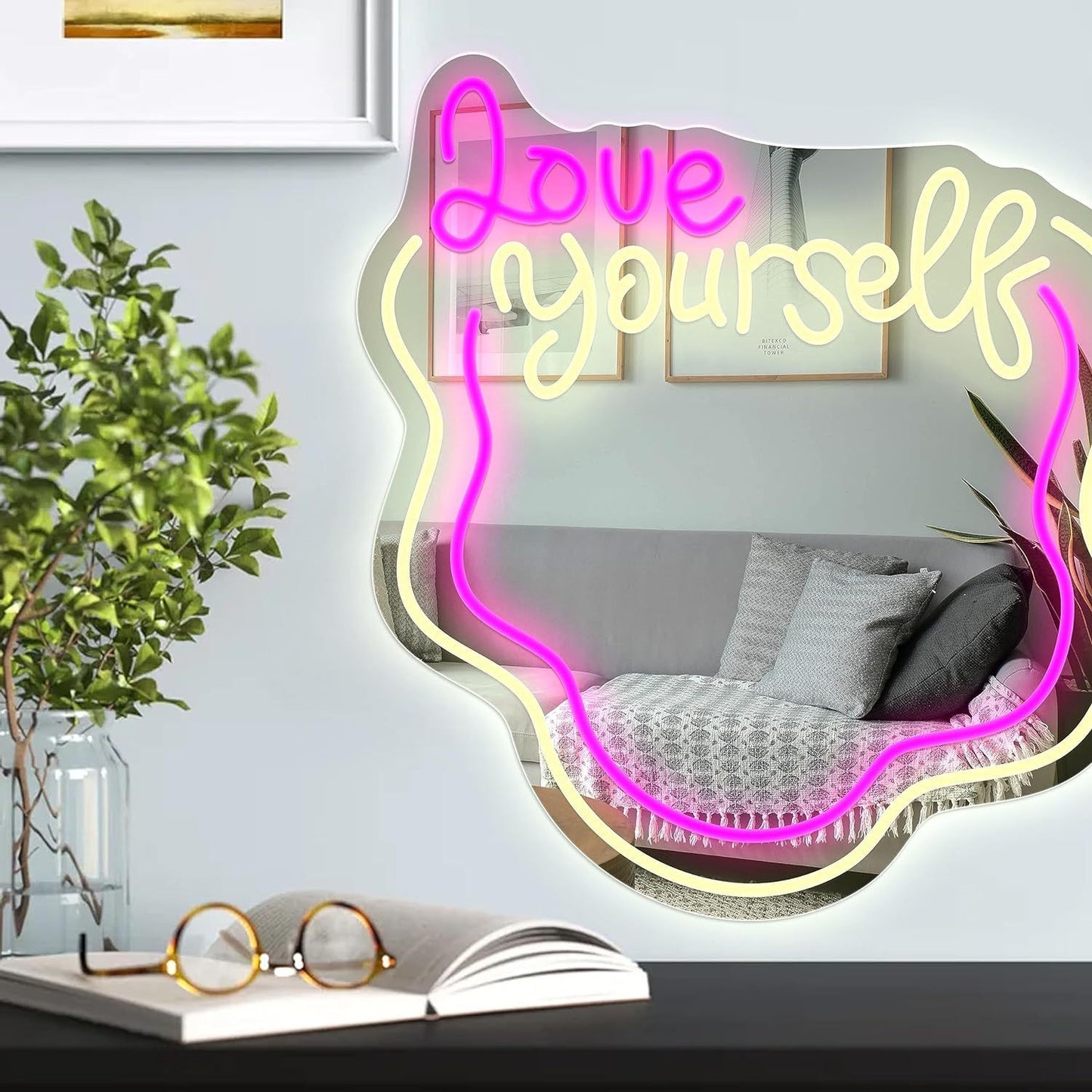 Wavy Neon Mirror with LED Dimmable Light